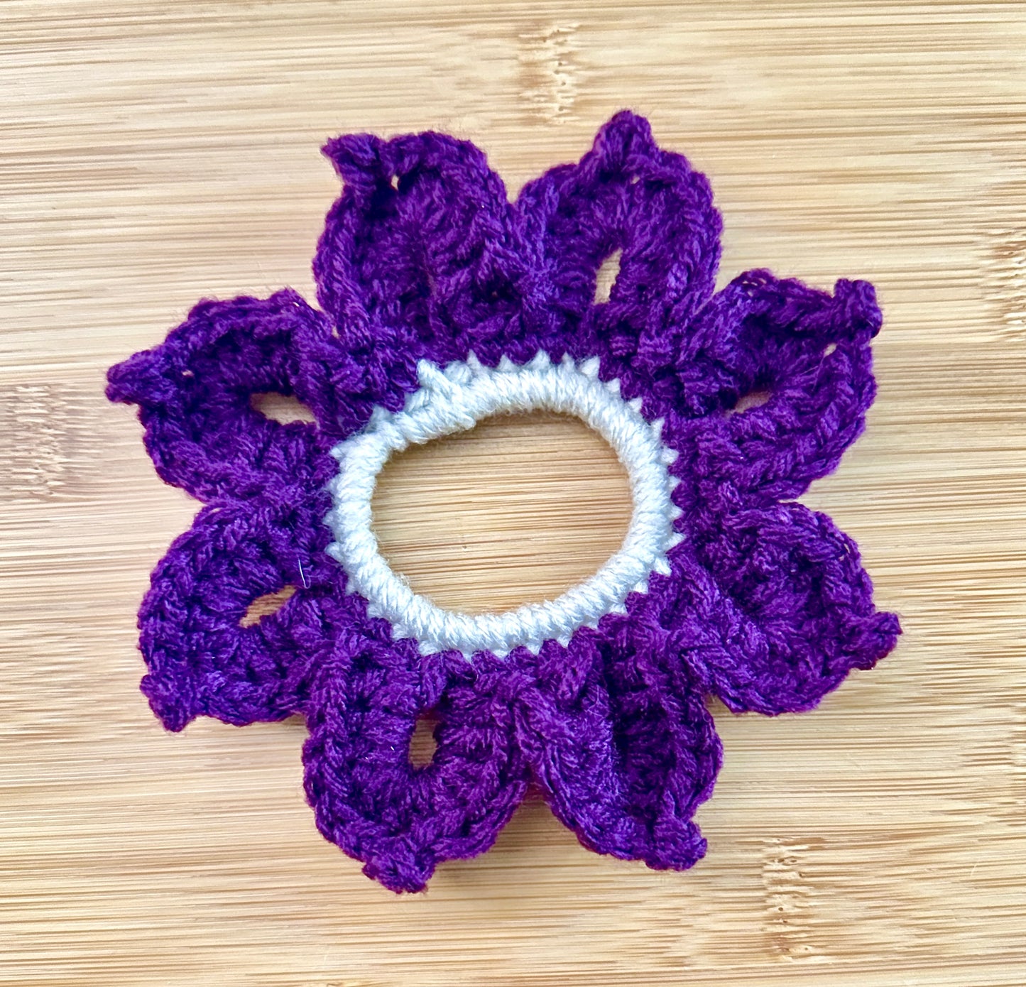 Crocheted floral hair scrunchies